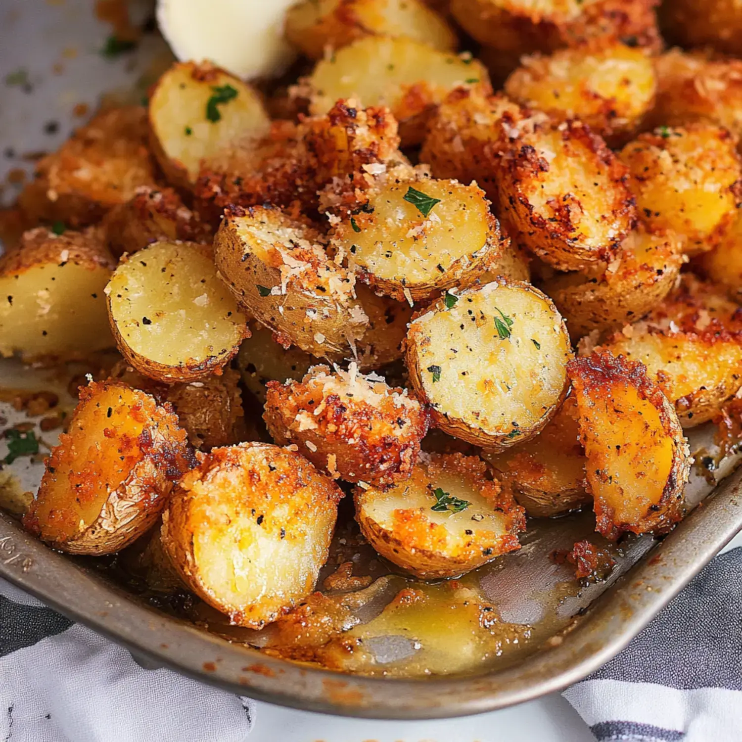 Crispy potatoes with a golden cheese crust, garnished with fresh herbs and served in a bowl.