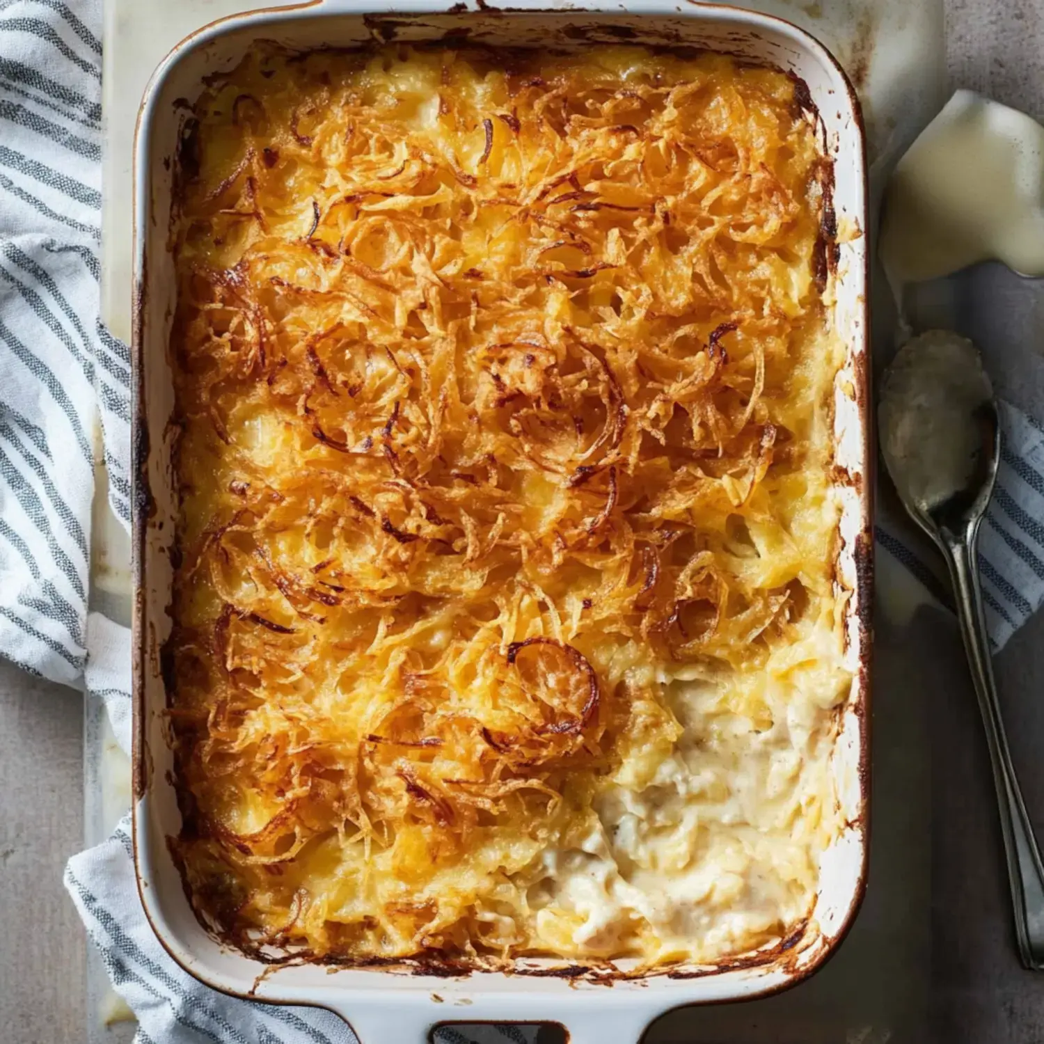 A white dish of baked cheesy potatoes topped with golden crisp onions, with a striped napkin and silver spoon nearby.