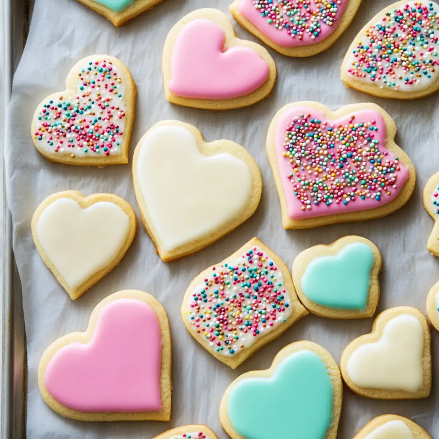 Heart-shaped cookies decorated with bright icing and sprinkles on a tray.