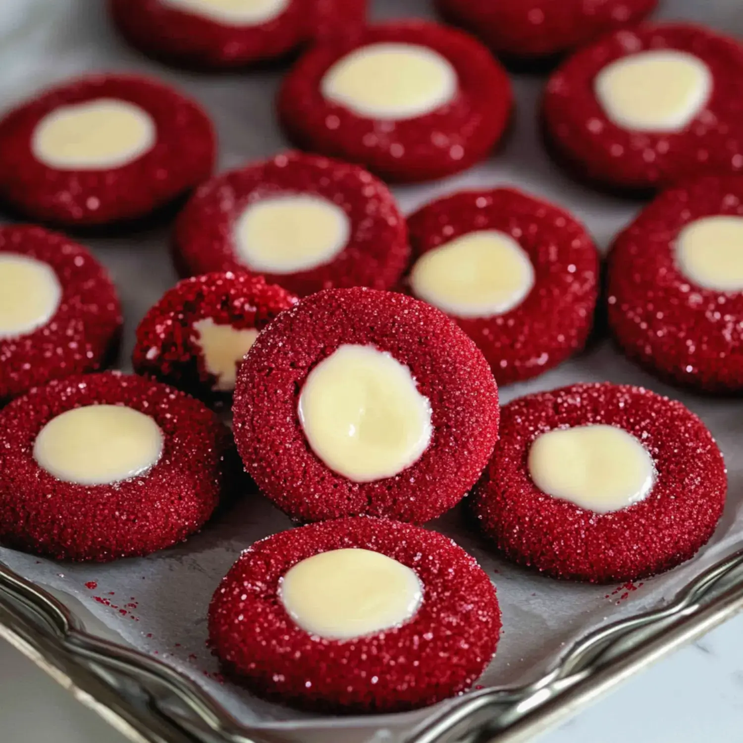 Round red cookies rolled in sparkly sugar, each with a creamy center. A couple look partly eaten.