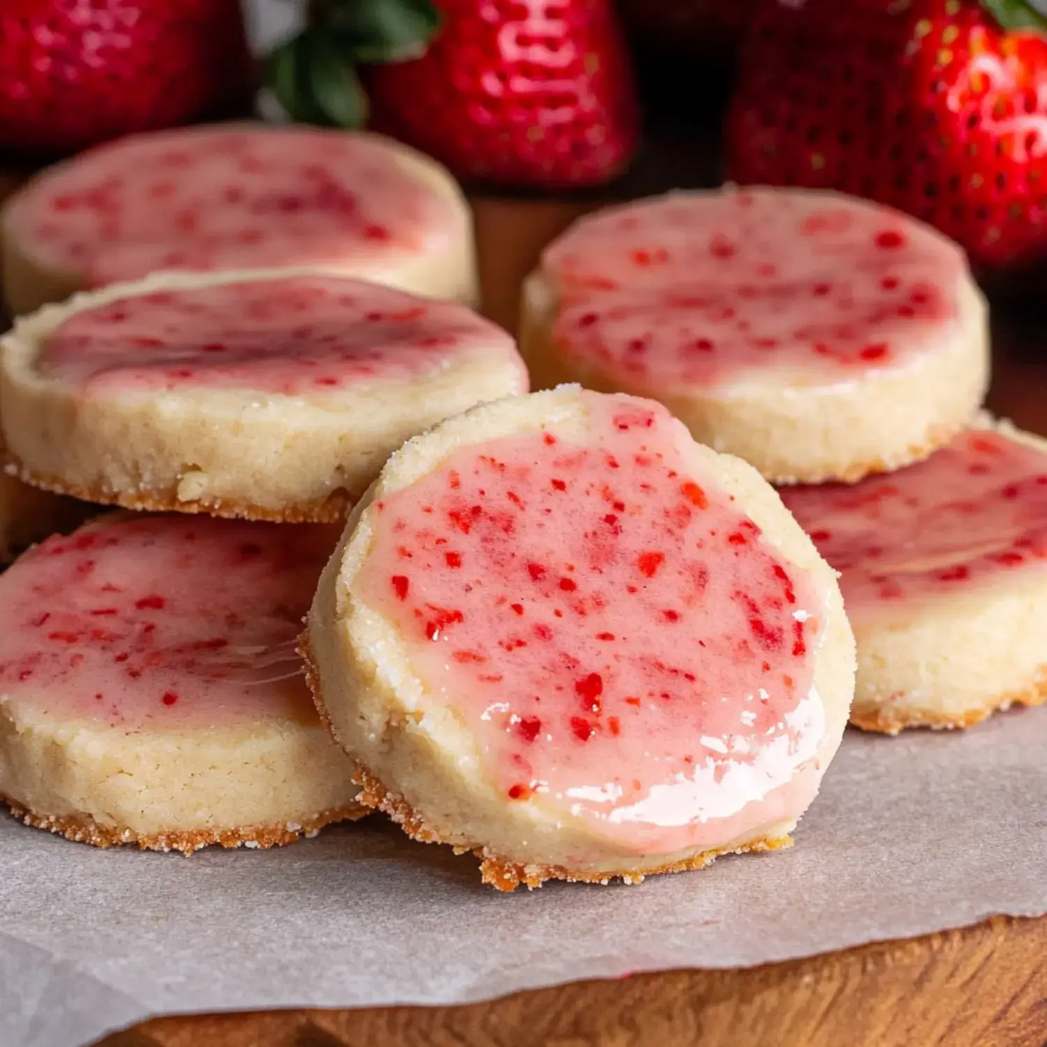 Close-up of round strawberry cookies with a shiny pink coating, placed on a rustic wooden table alongside fresh strawberries.