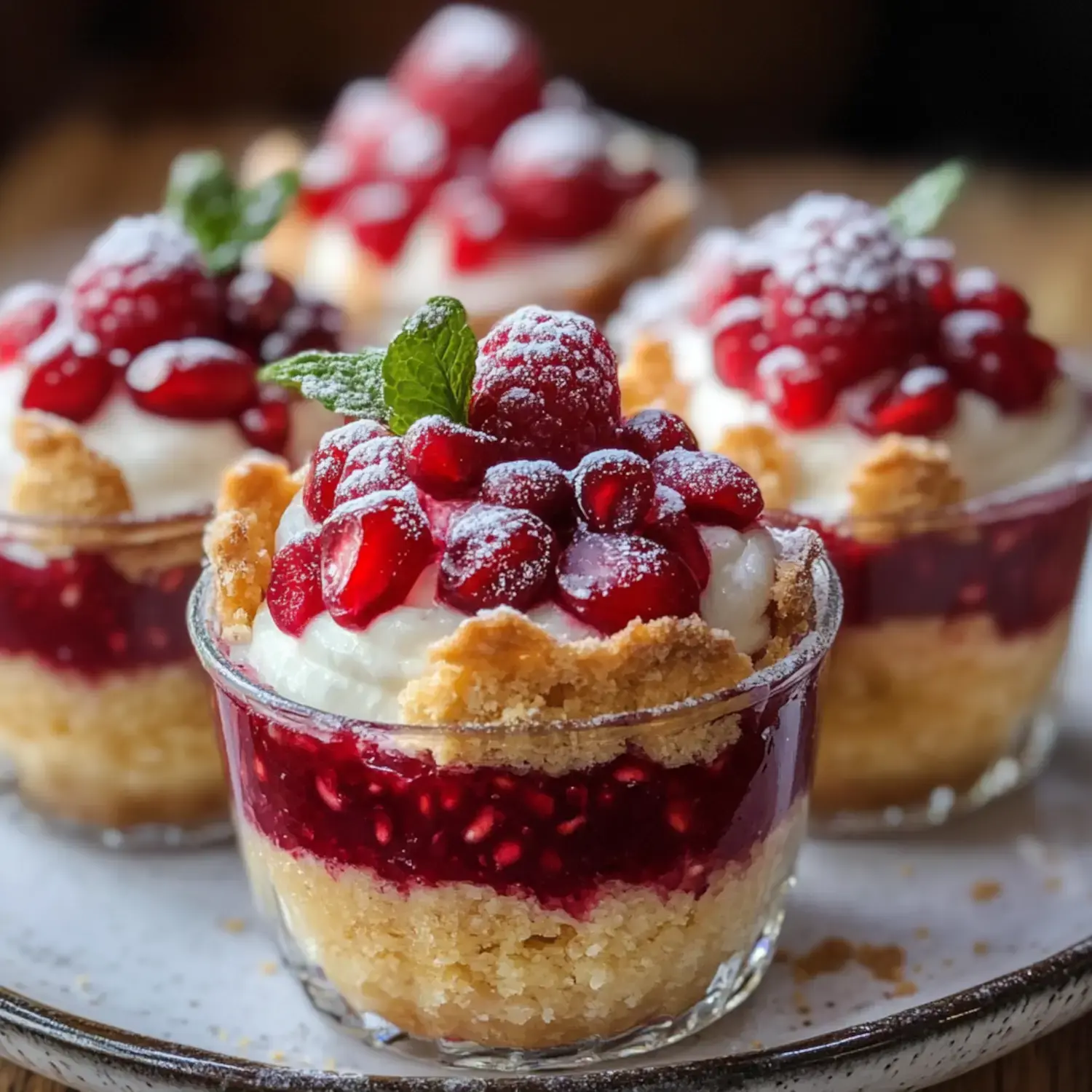 Four dessert cups holding colorful layers of jelly, custard, cake, and topped with pomegranate seeds and powdered sugar.