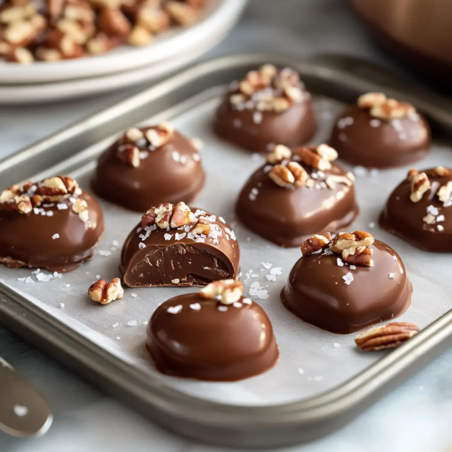 A plate of chocolate candies topped with pecans and sprinkled with sea salt, with one candy revealing its gooey caramel center.