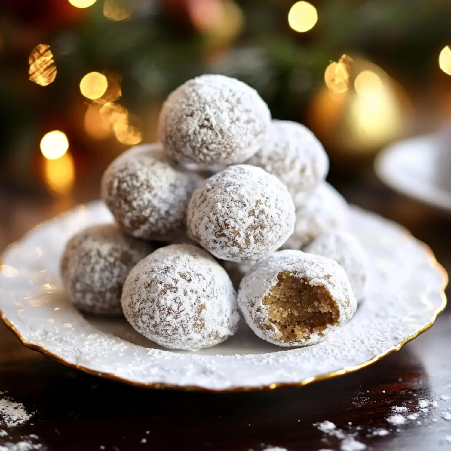 A stack of sugary-coated ginger snowballs with one showing a bite inside.