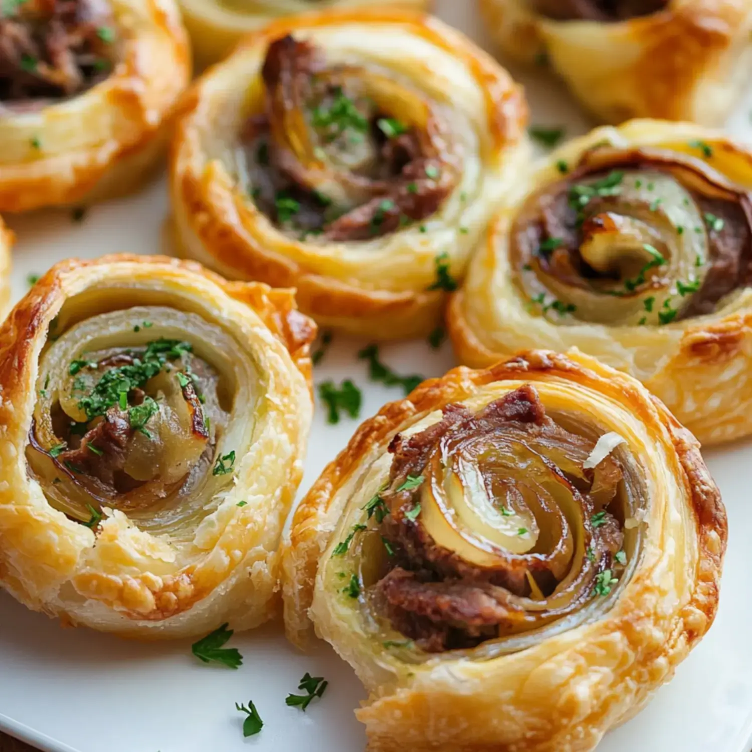 A serving plate with flaky pastry spirals stuffed with beef and onions, topped with fresh parsley.
