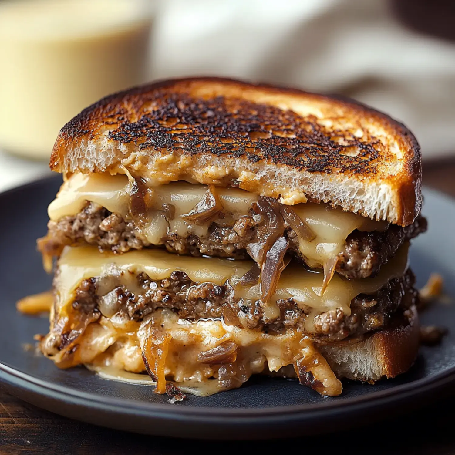 A toasted rye sandwich stuffed with melty cheese, juicy beef, sweet onions, and a bold sauce on a black serving dish.