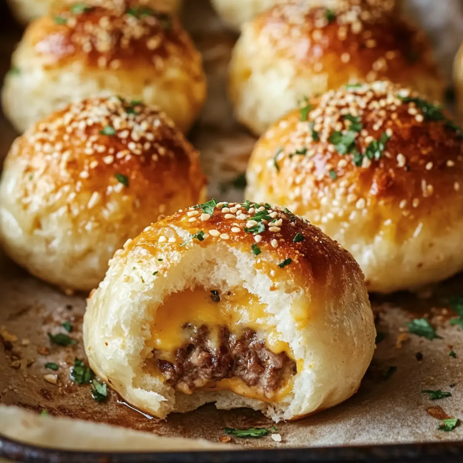 Golden bread rolls topped with sesame seeds, one cut open showing gooey melted cheese and beef inside, with more rolls in the background.