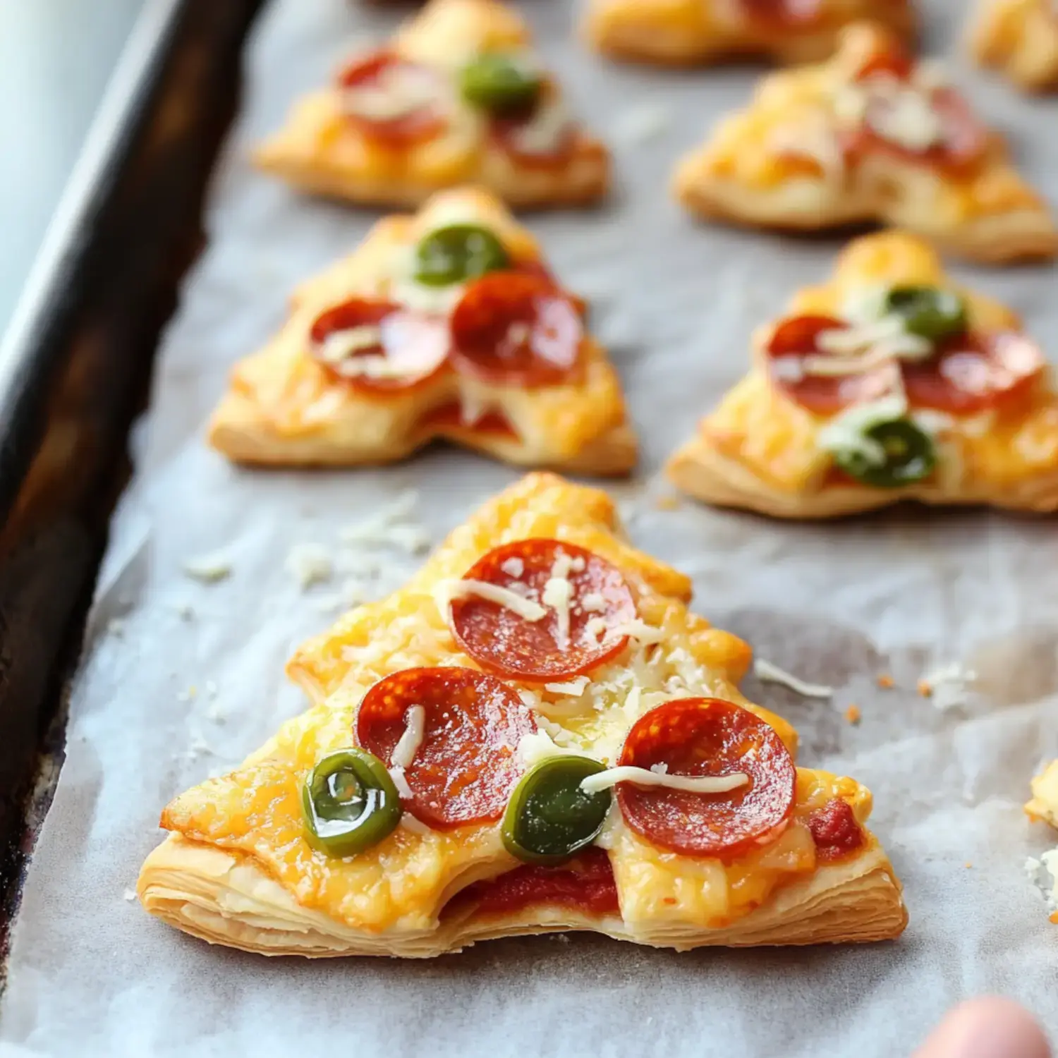 Baked pizza snacks shaped like trees, topped with cheese, pepperoni, and green peppers.