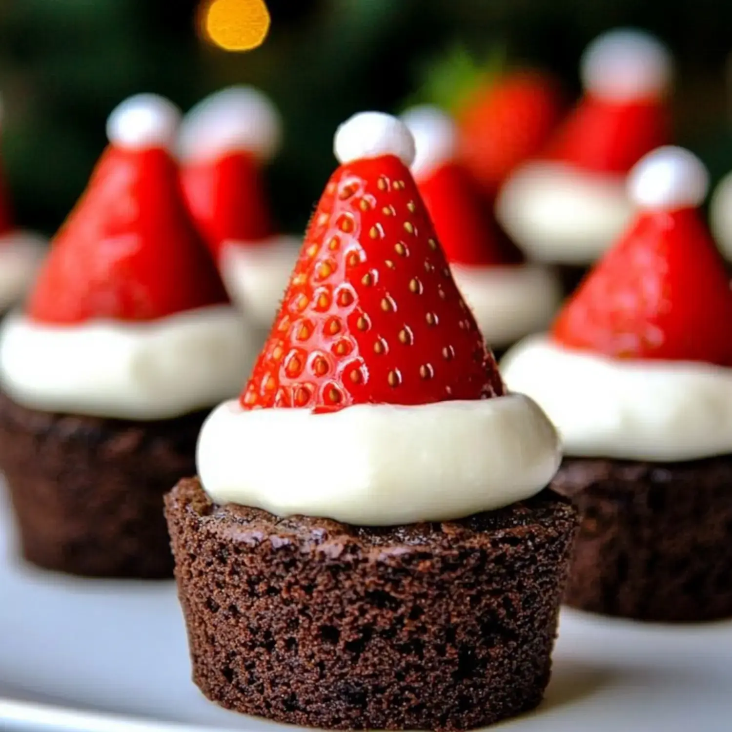Close-up of chocolate brownies with cream and strawberries styled as fun Santa hats.