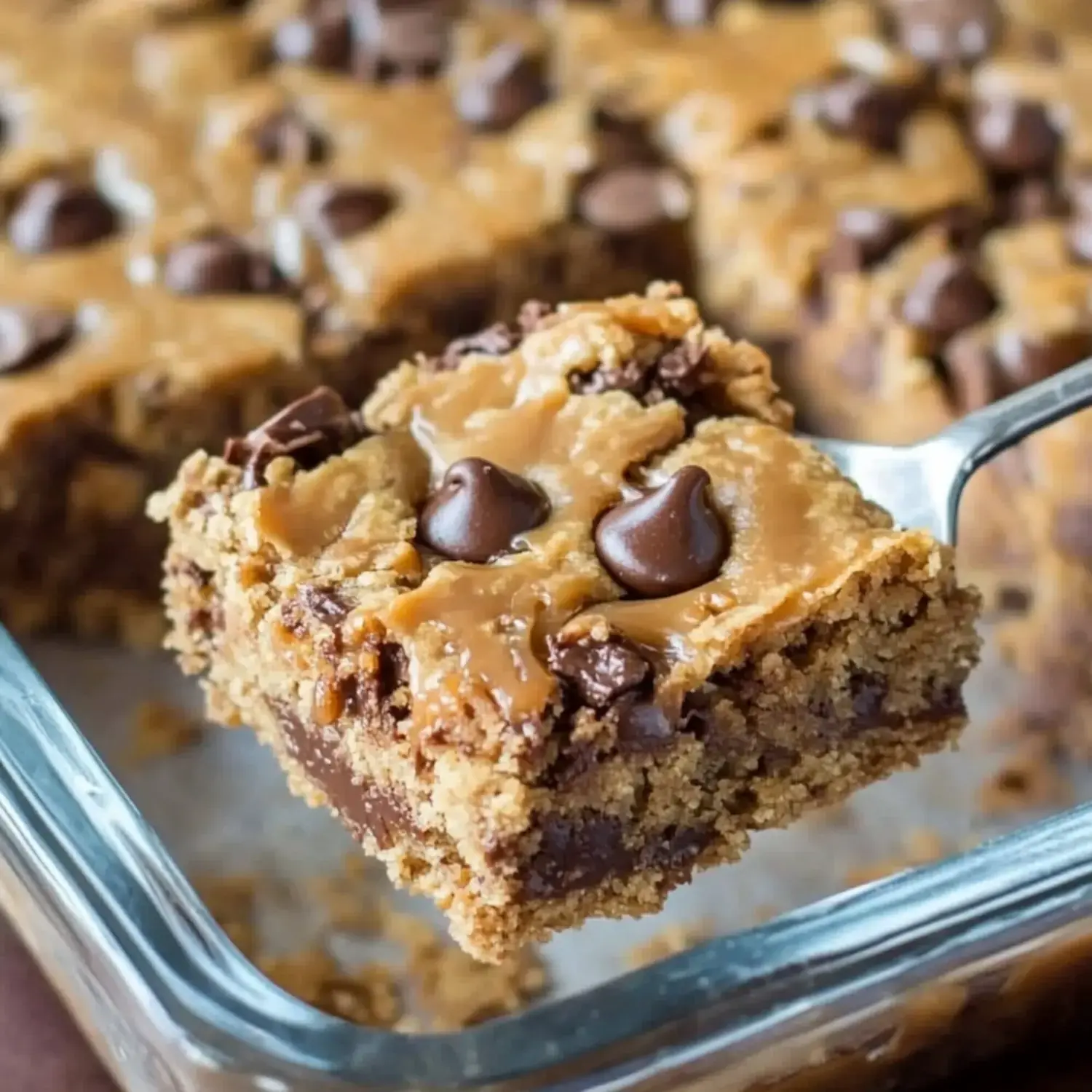 A rich dessert bar made of chocolate and peanut butter being lifted from a baking tray.