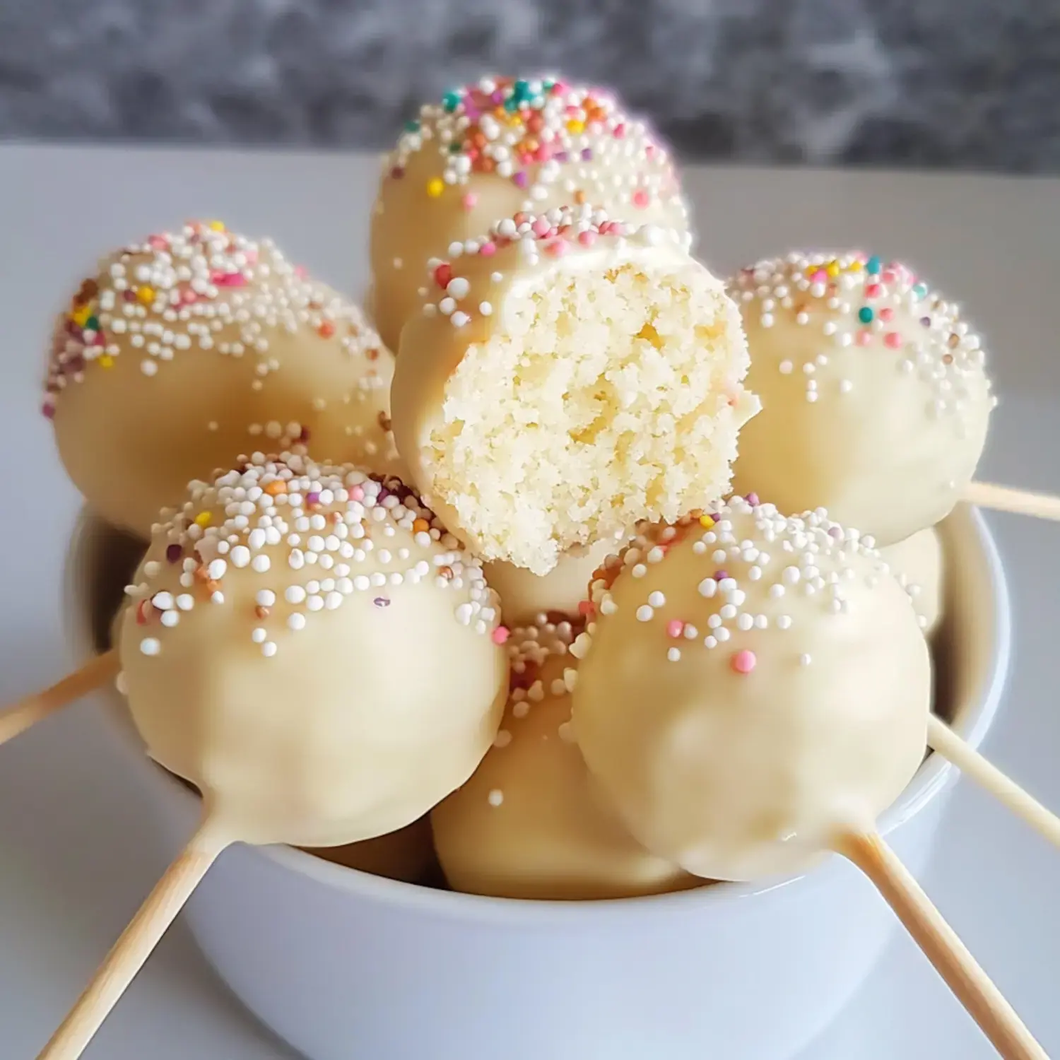 White chocolate-covered cake pops with sprinkles in a bowl, one showing a bite revealing the inside.