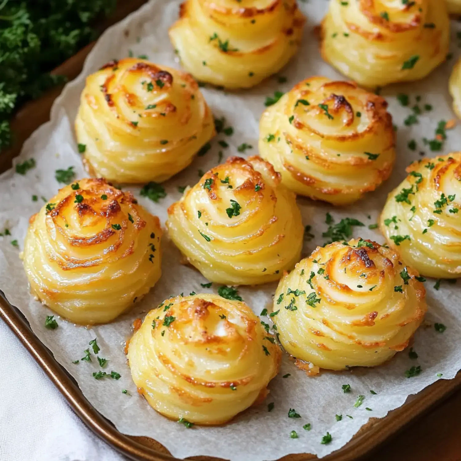 Golden, crispy potato swirls on a tray with parsley garnish.
