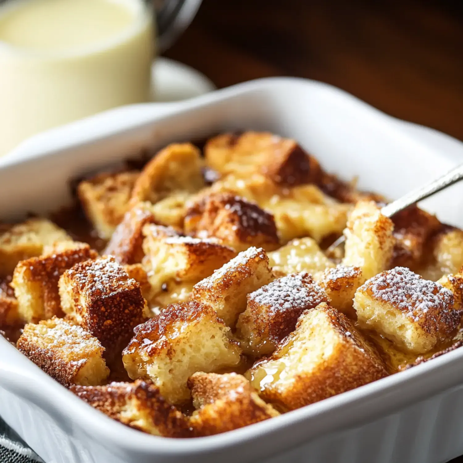 Golden baked French toast cubes sprinkled with powdered sugar beside a small bowl of cream.