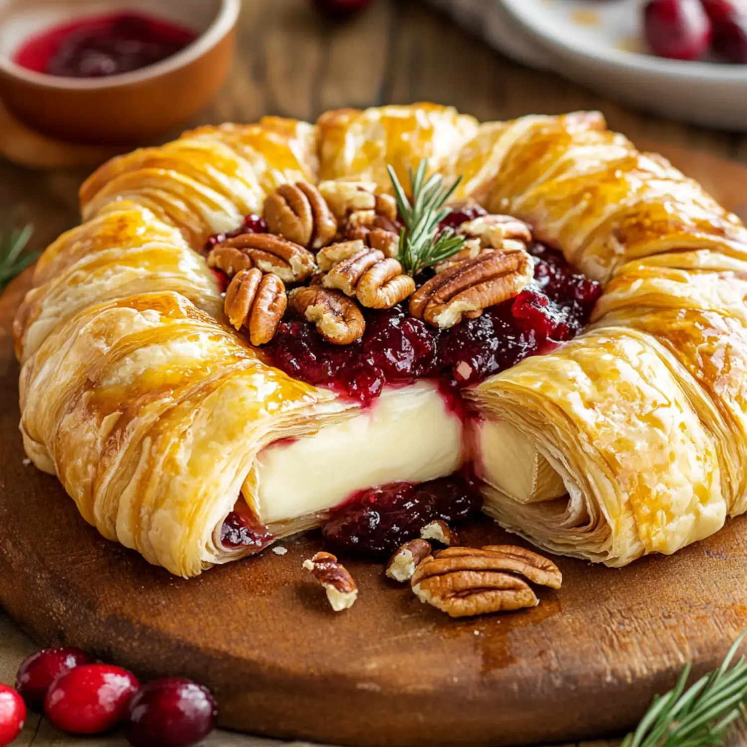 Golden baked brie wrapped in puff pastry, cranberry topping, nuts, and rosemary on a wooden board.