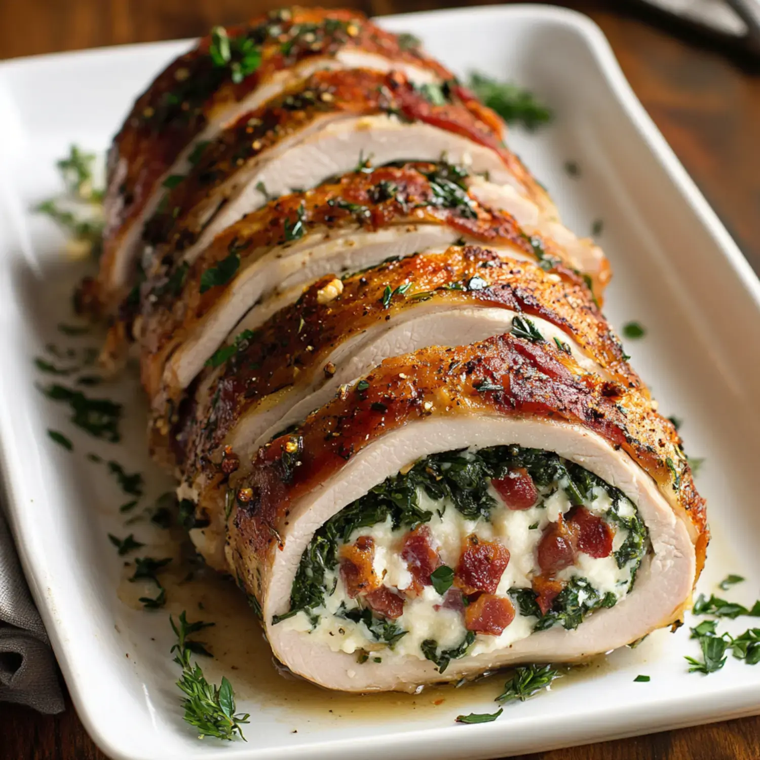 Golden-brown turkey breast stuffed with creamy spinach, bacon, and cheese, perfectly arranged on a white platter.