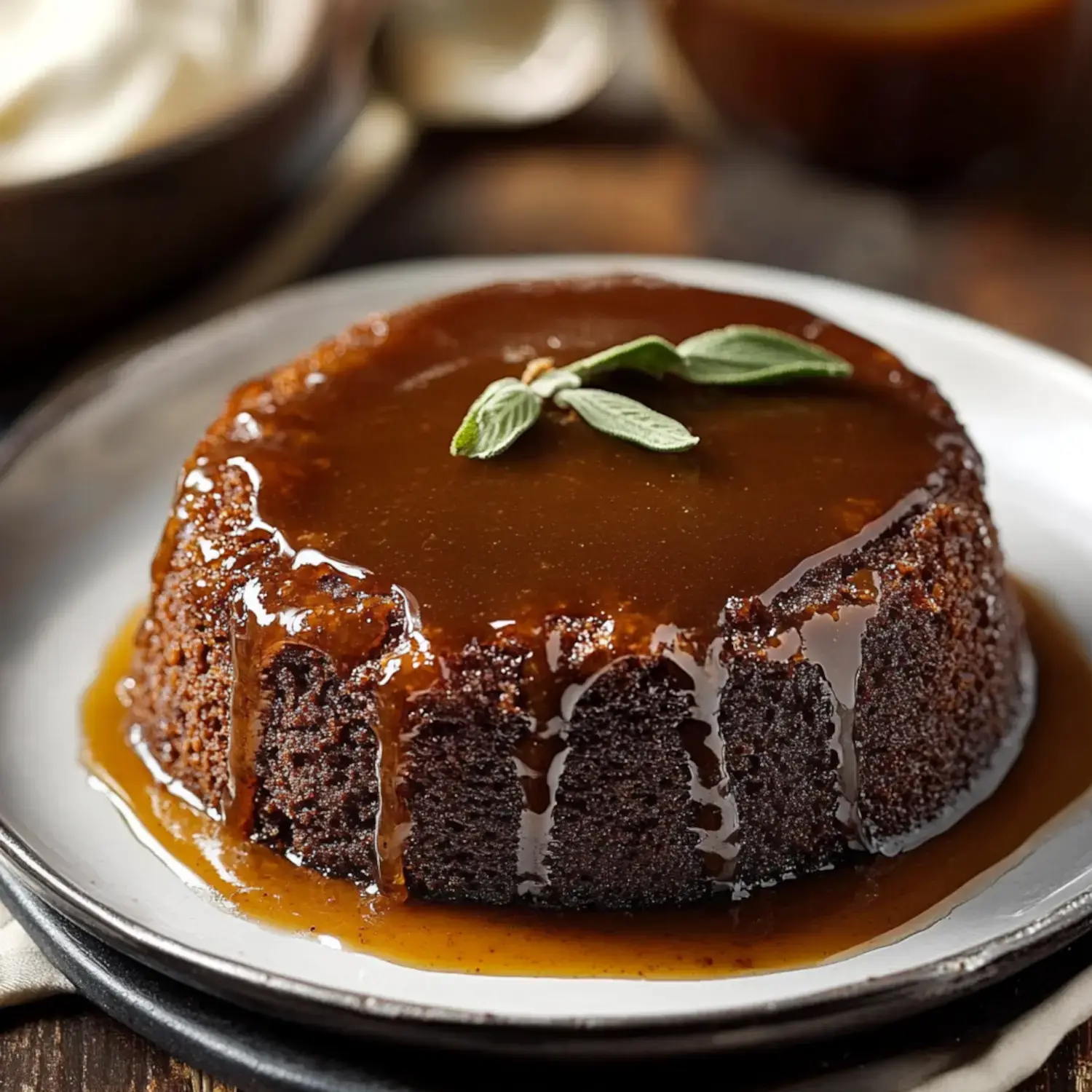 A moist dessert cake covered in shiny toffee sauce with a green garnish, served on a white plate.