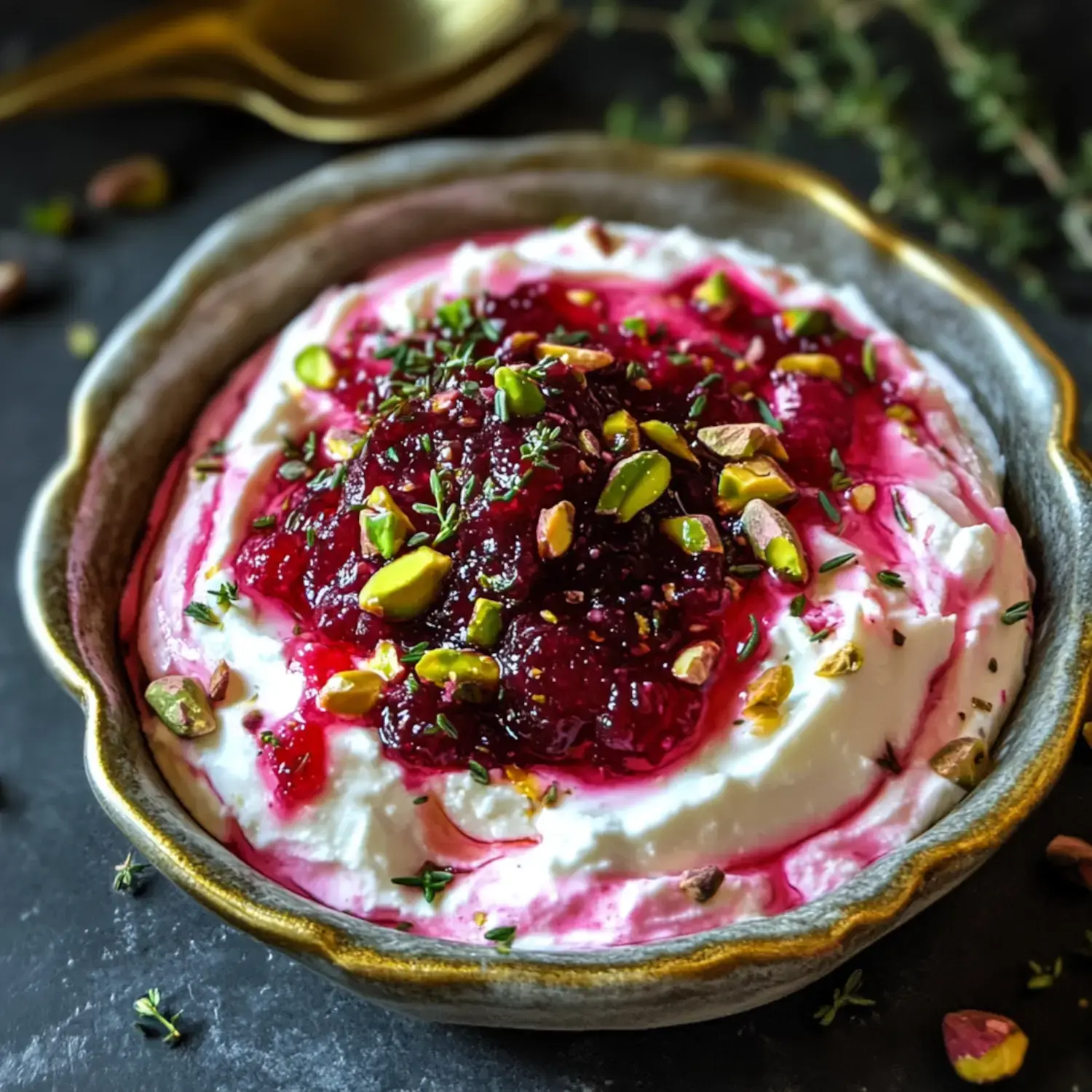 A creamy cheese dip with cranberry topping, crushed nuts, and herbs in a small bowl on a dark background.