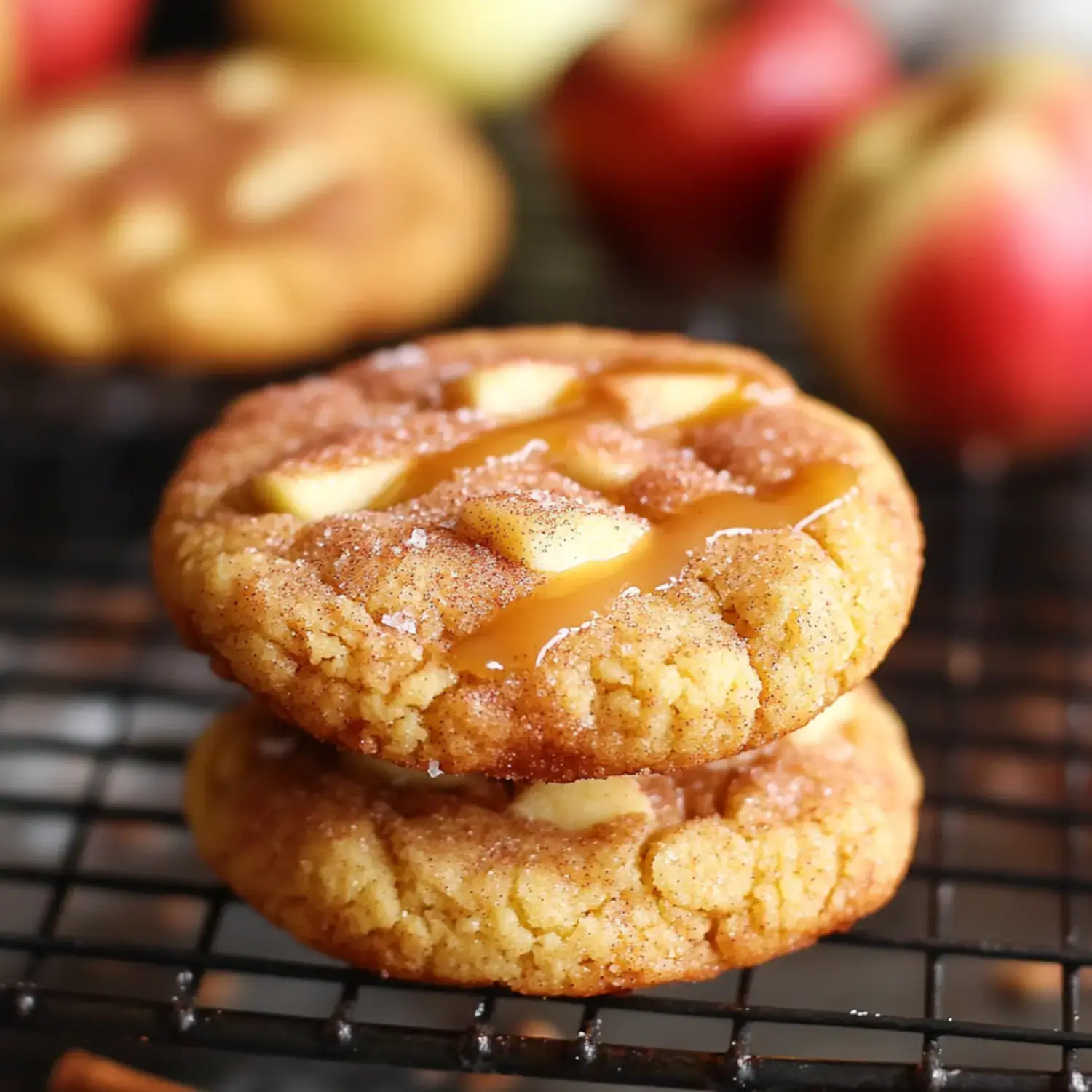 Two cookies with caramel drizzled on top, stacked on a cooling rack. Apples are blurred in the background.