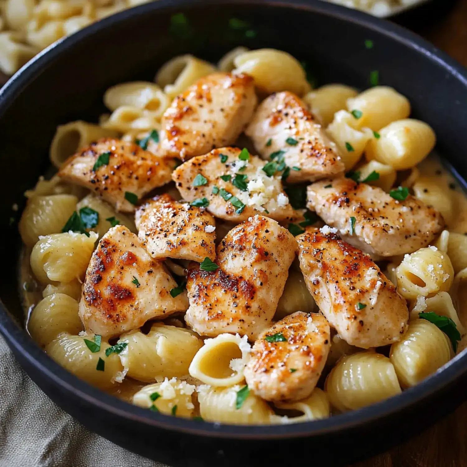 A bowl of buttery pasta shells with chicken chunks, sprinkled with parsley.