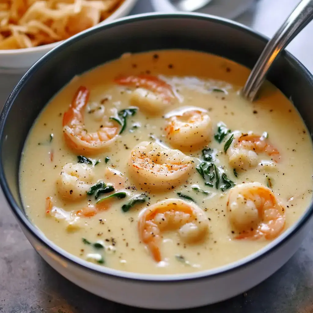 A cozy soup bowl featuring creamy shrimp and spinach with a sprinkle of black pepper on top.