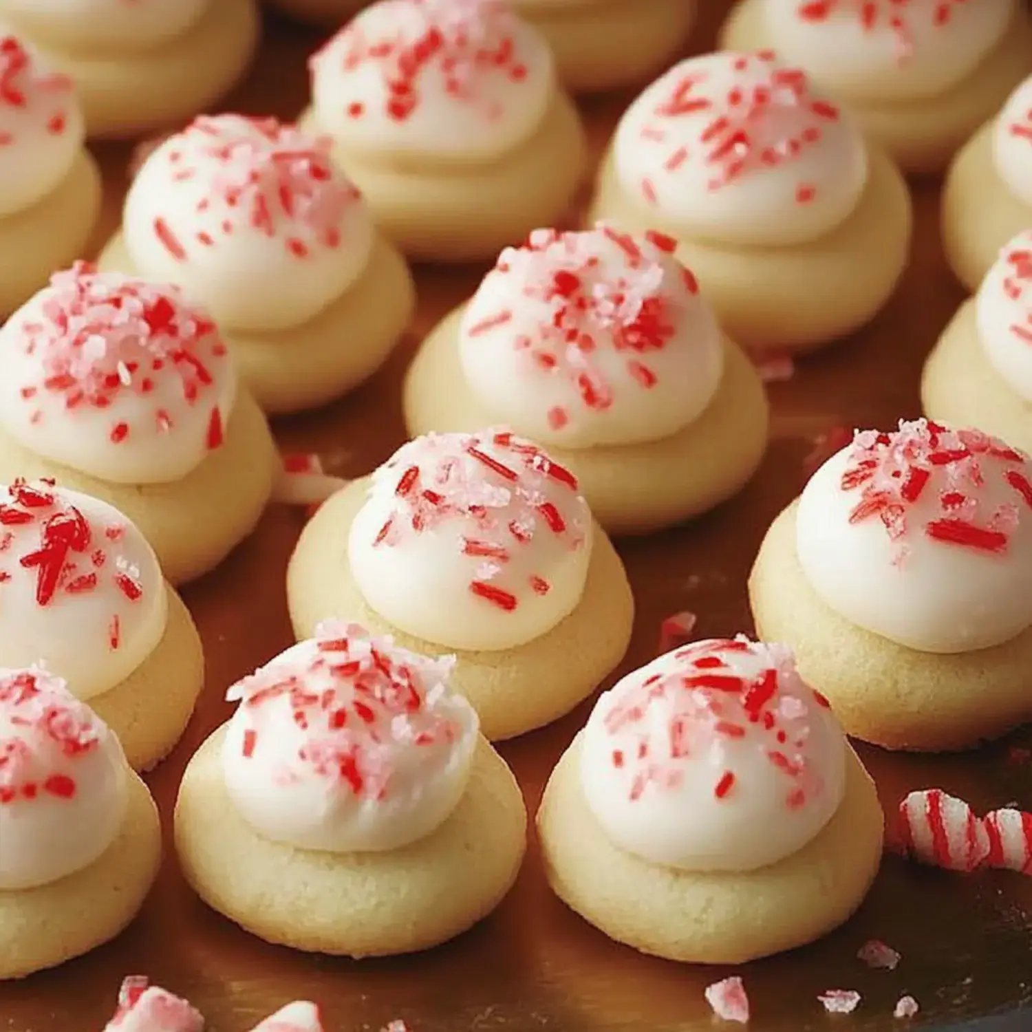 Close-up of soft cookies with white frosting and red sprinkles sitting on a gold background.