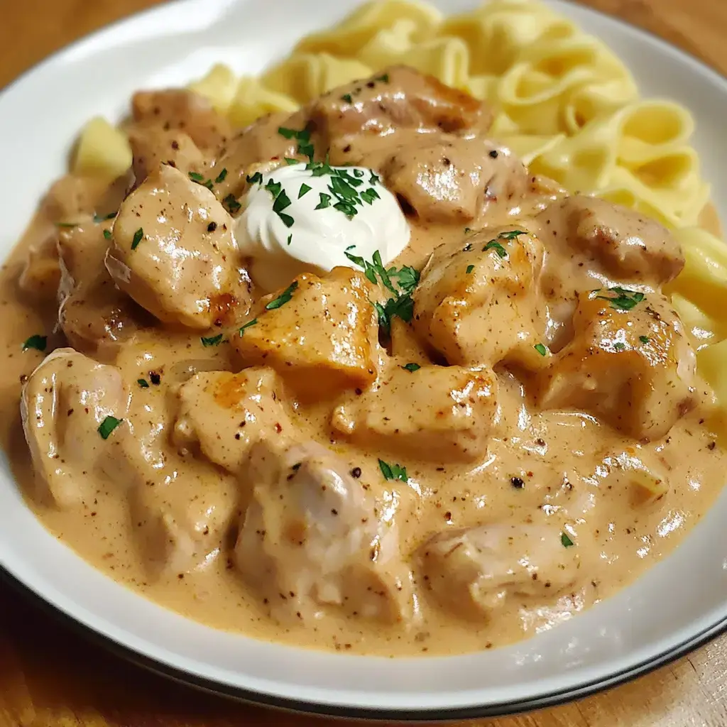 Plate of chicken in paprika sauce with sour cream and parsley, served with egg noodles.