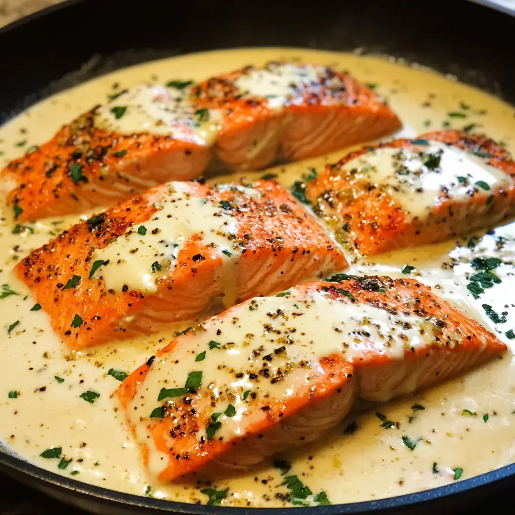 Four salmon fillets simmering in a creamy garlic sauce with herbs in a pan.
