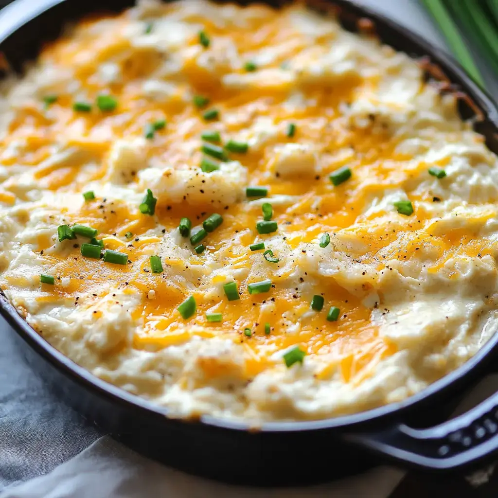 A warm cheesy dip garnished with chopped green onions and served in a dish.