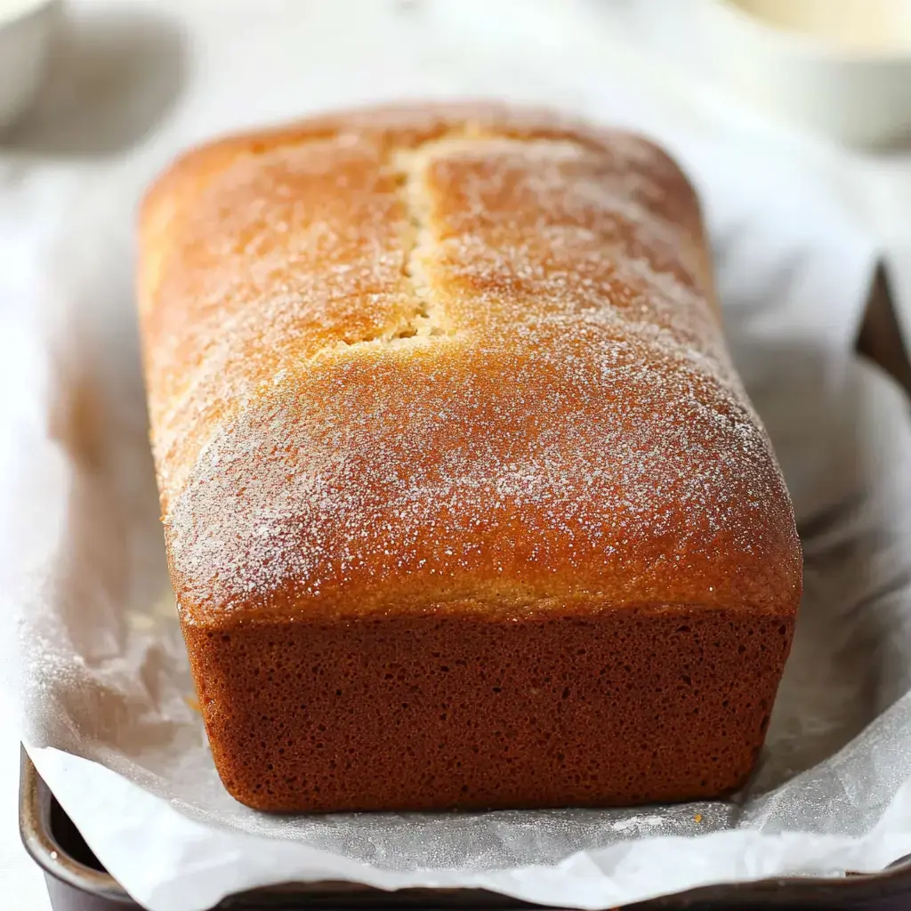 A glazed, golden-baked loaf resting on parchment paper, its sugared finish sparkling under the light.