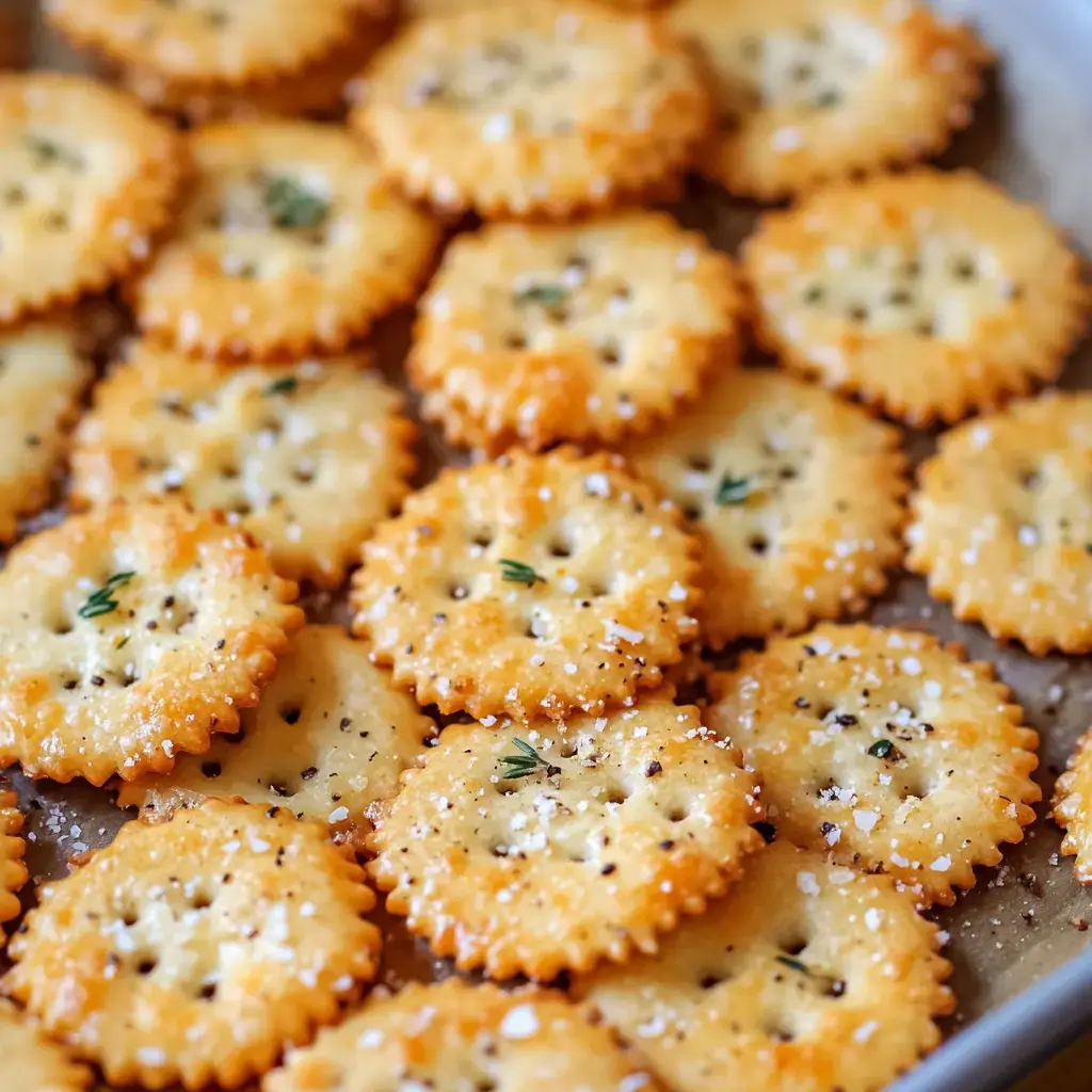 Close-up of crunchy golden Ritz-style crackers on a tray.