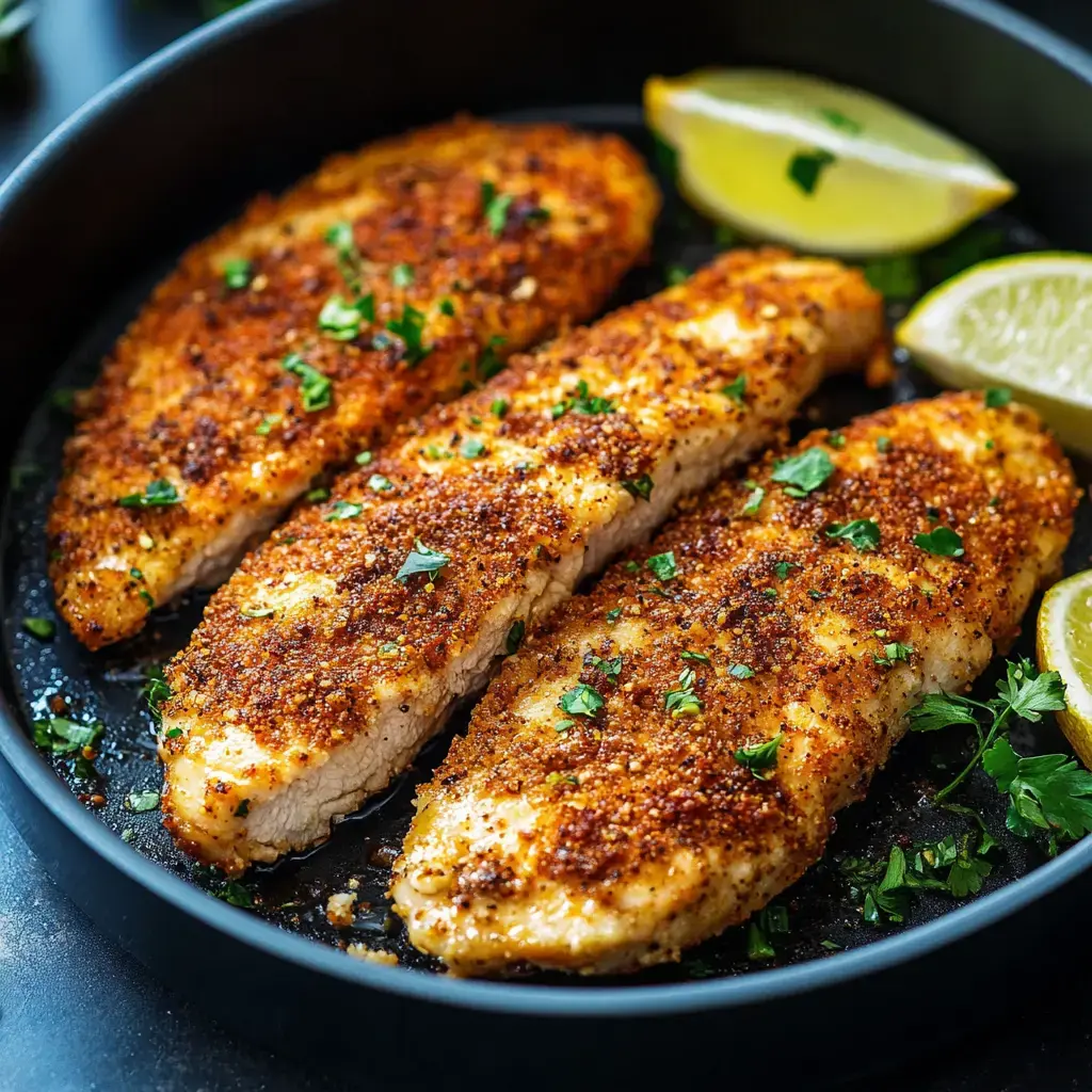 In a pan, golden fish fillets with parsley and lemon are ready to serve.