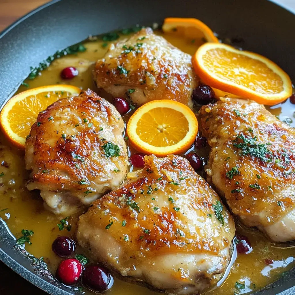 Juicy chicken thighs topped with cranberries and orange slices in a skillet with a sweet-tangy sauce.