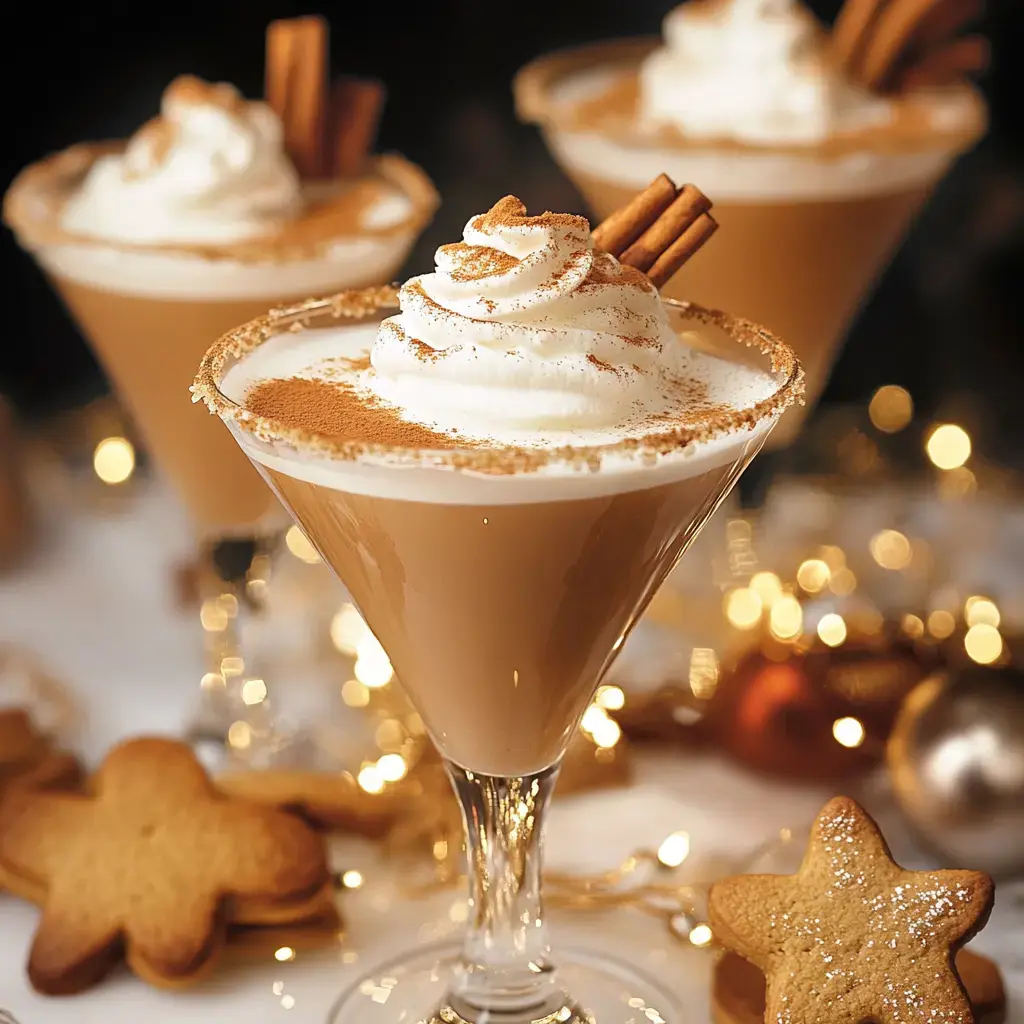 Three cozy drinks topped with whipped cream, cinnamon sticks, and a dusting of spices, surrounded by gingerbread cookies and twinkling lights.