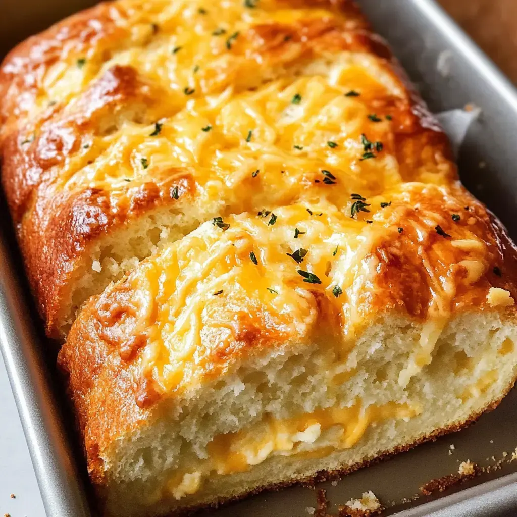 A golden cheese loaf fresh from the oven, featuring a soft interior and melted strands of cheddar.