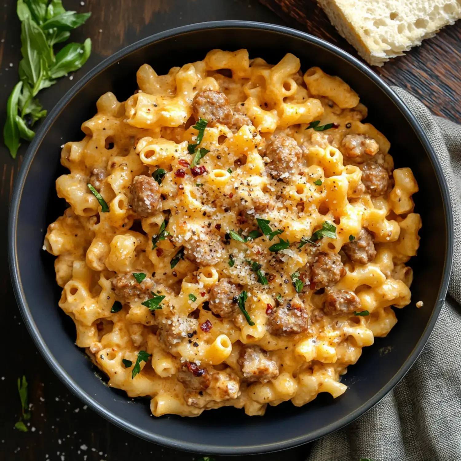 A bowl filled with creamy ditalini pasta, topped with sausage, parsley, and spices. Served with bread on the side.