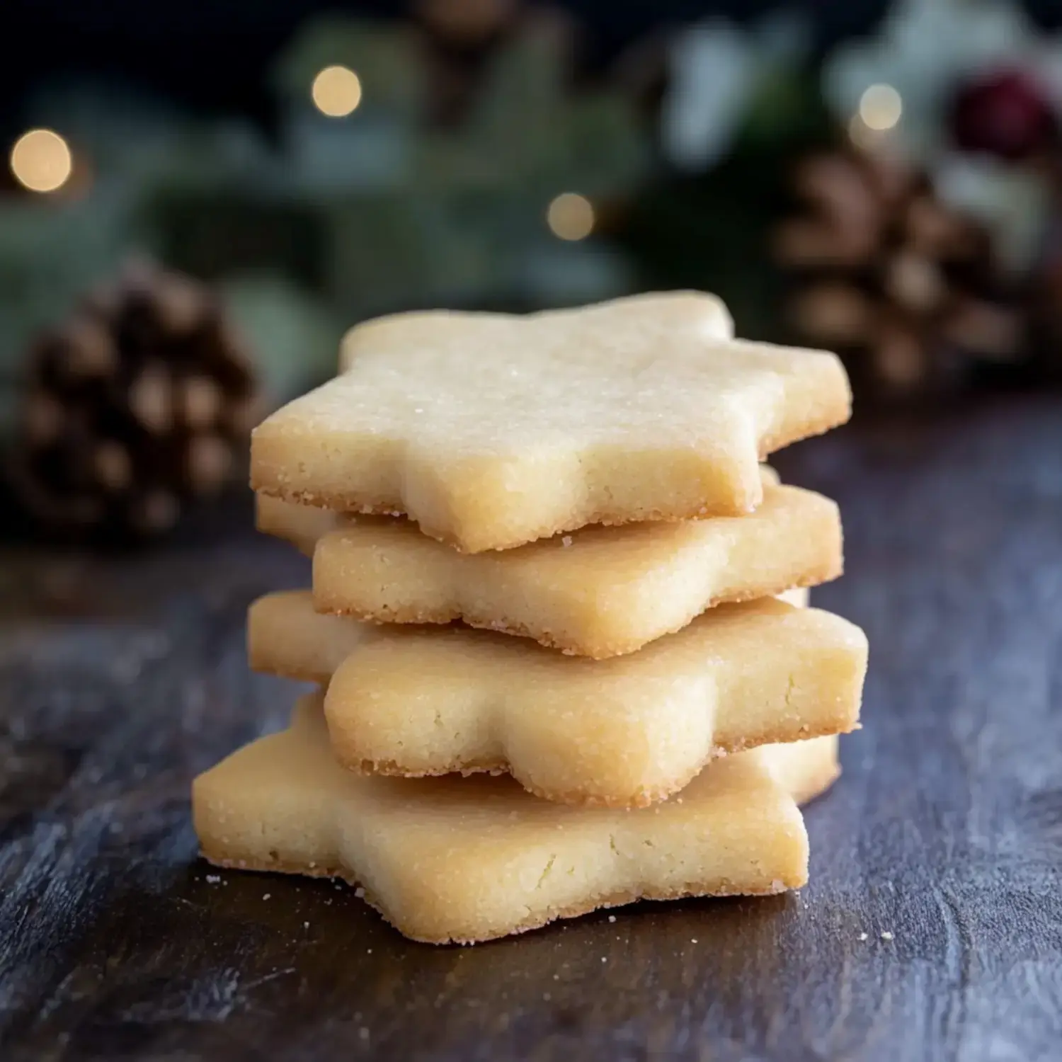 Four star-shaped cookies stacked on wood, with blurred pinecones and greenery around them.
