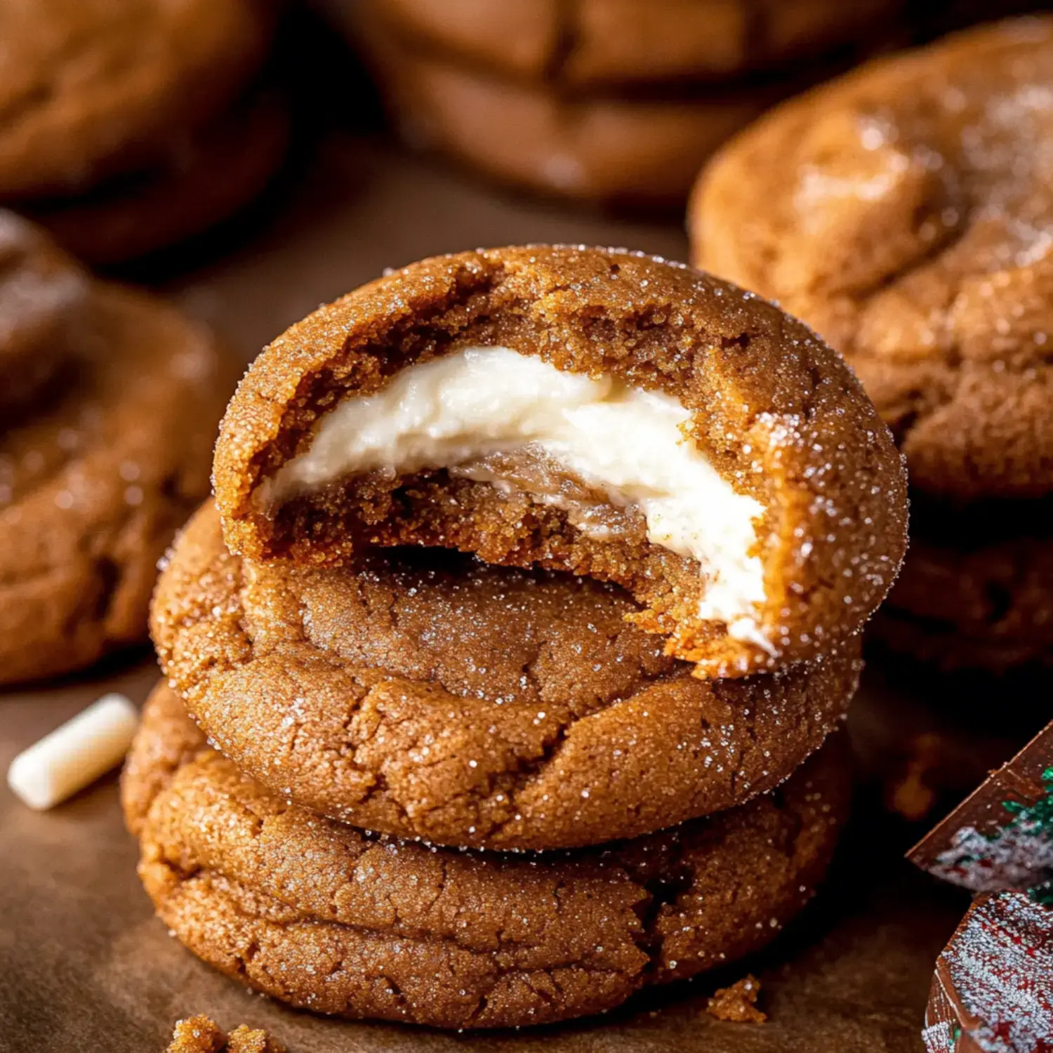 A close-up of spiced ginger cookies filled with creamy cheesecake, one partially eaten, surrounded by more cookies.