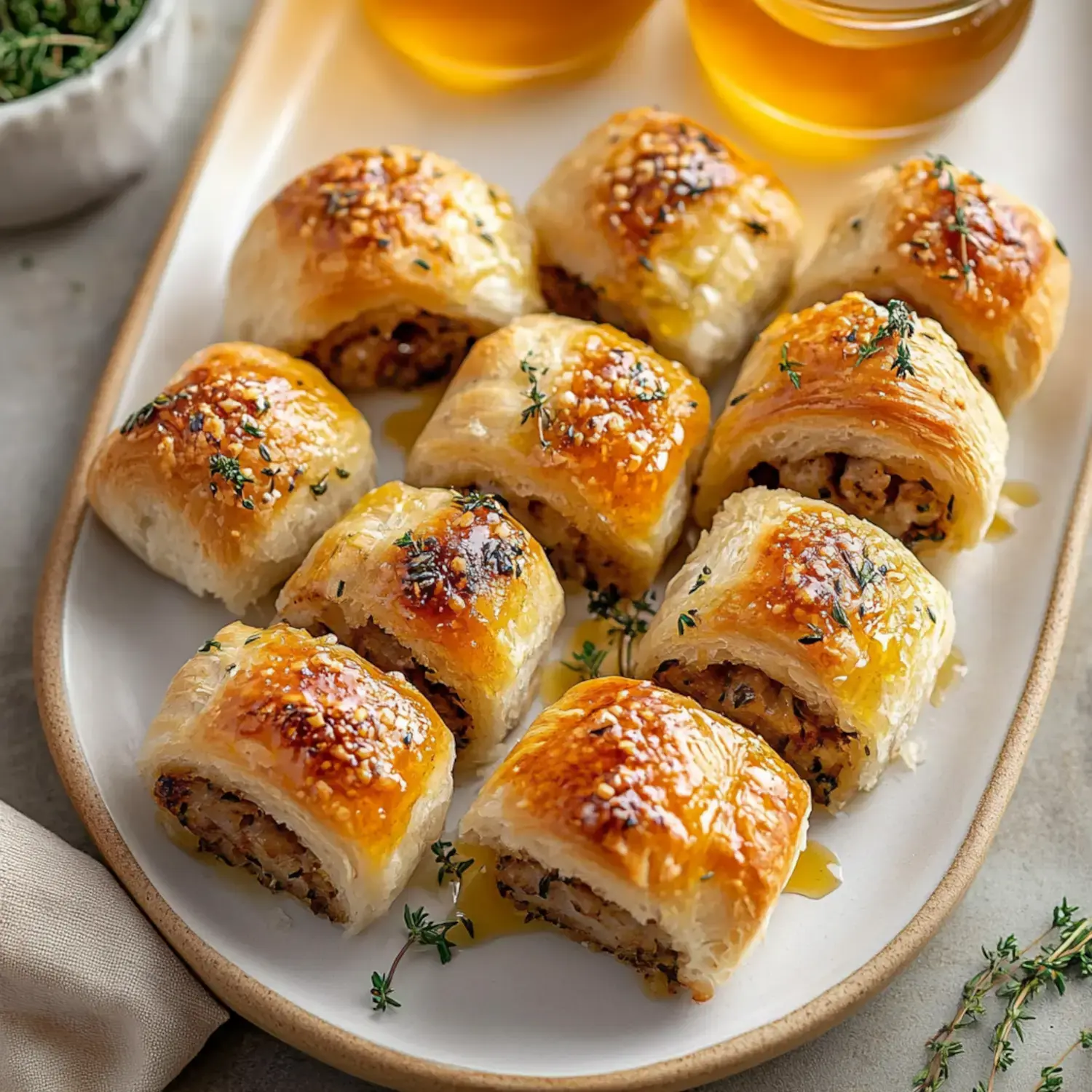 Golden pastry rolls on a plate filled with a savory mix, garnished with herbs and served with honey jars.