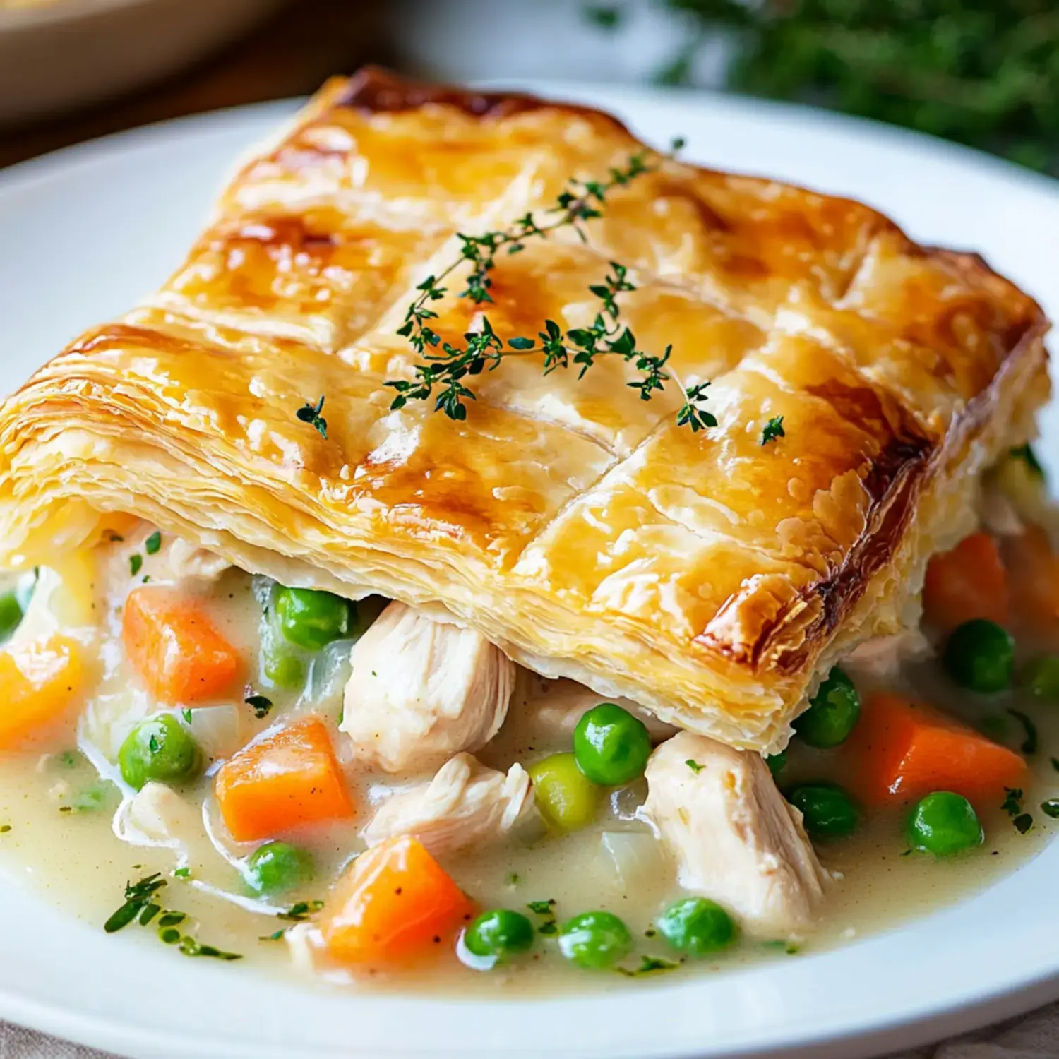 A golden crust with puff pastry and fresh herbs atop creamy chicken, peas, and carrots on a white plate.