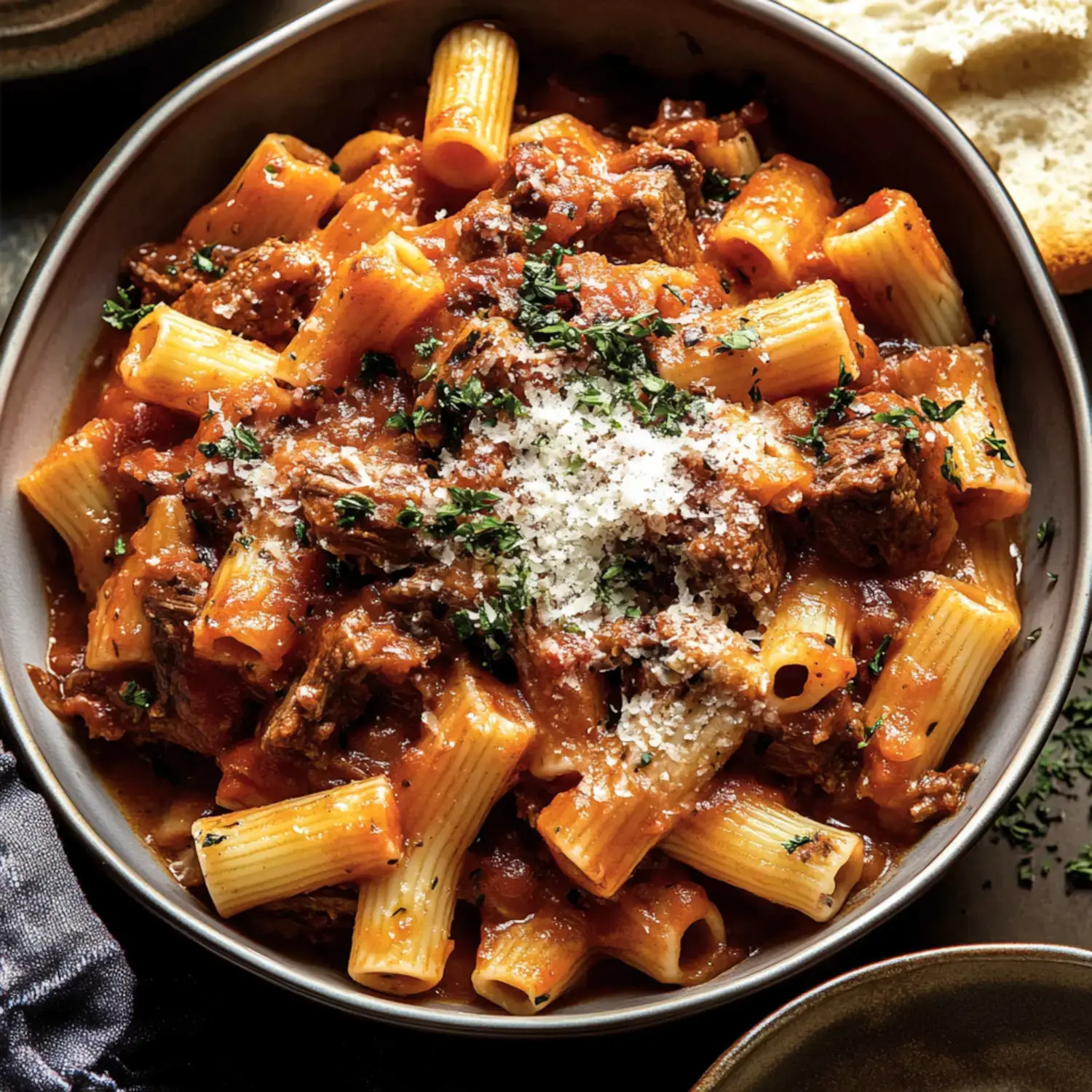 Rigatoni pasta topped with tender beef and tomato sauce, sprinkled with cheese and parsley, with bread on the side.