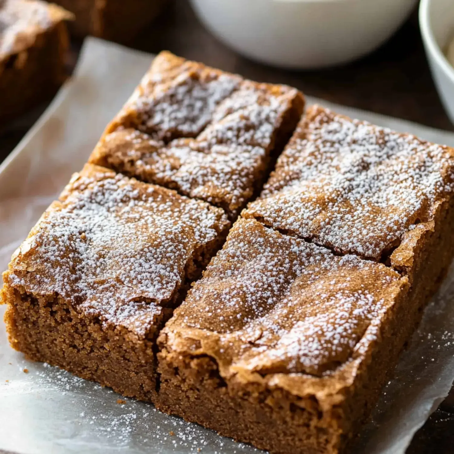Four moist squares dusted in powdered sugar on parchment paper.