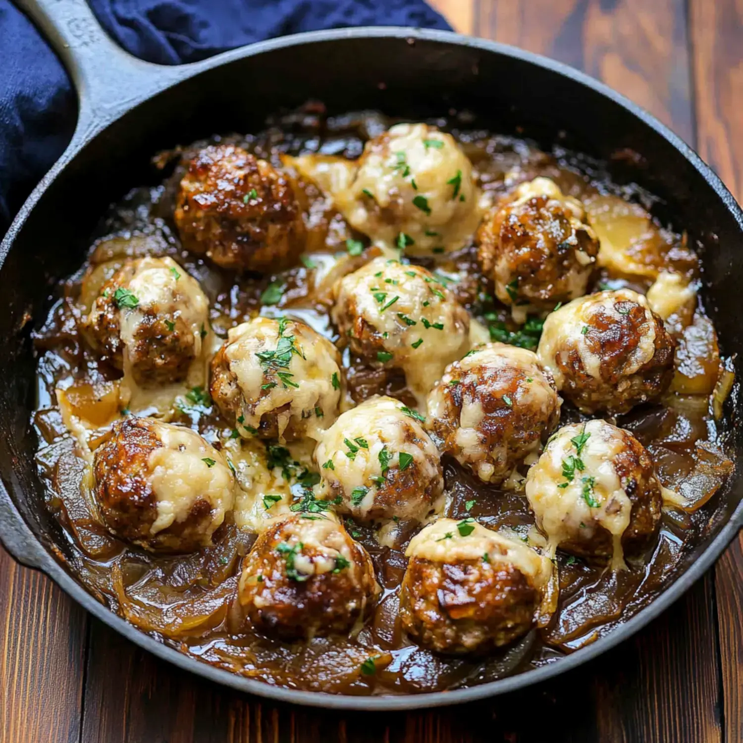A skillet full of cheese-covered meatballs in a savory brown sauce, topped with parsley.