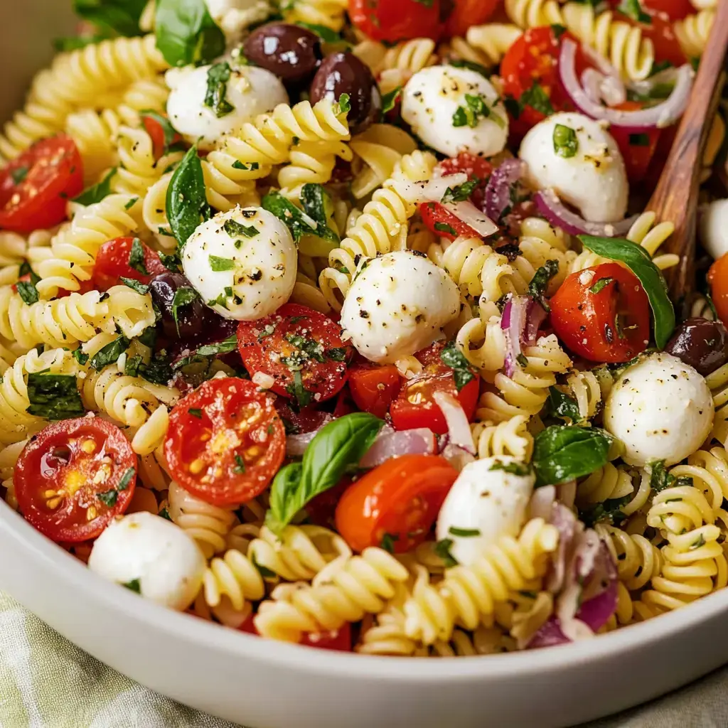 A bowl filled with colorful pasta salad topped with cherry tomatoes, mozzarella, basil, and herbs.