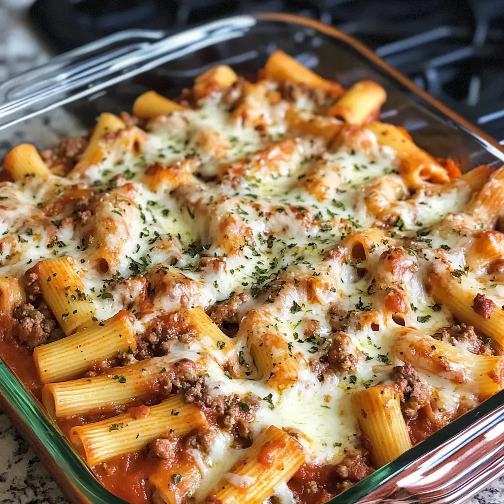 A close view of baked rigatoni with meat sauce, mozzarella, and parmesan, all in a glass pan topped with fresh herbs.