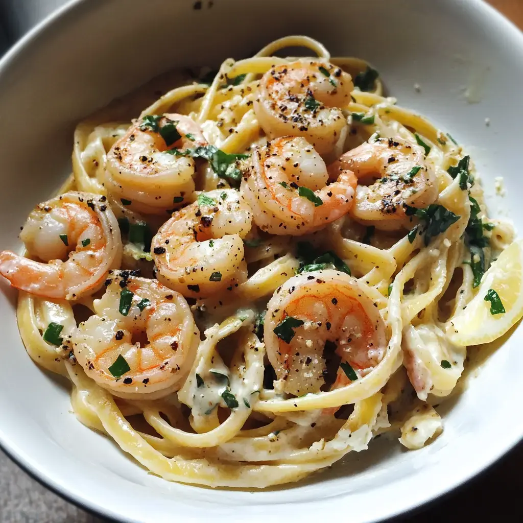 Linguine with shrimp, fresh parsley, and a sprinkle of pepper in a white bowl.