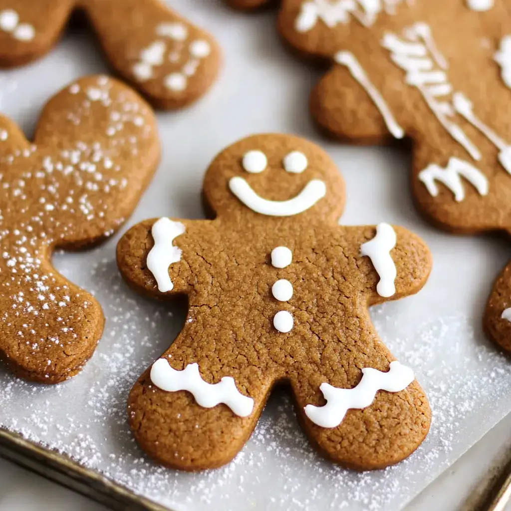 A cozy view of gingerbread cookies shaped like little men, topped with white icing and powdered sugar.