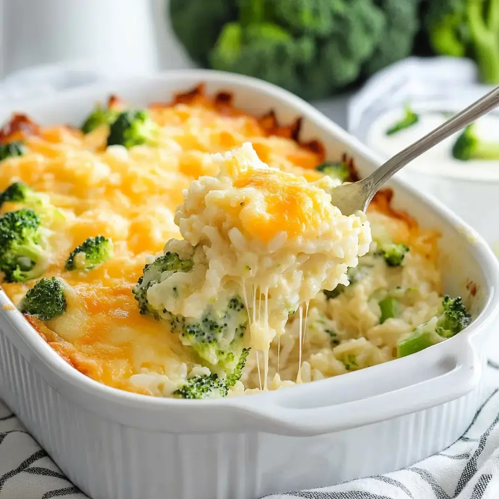A melty cheddar and broccoli rice bake being spooned from a white casserole dish with cheese stretching from the serving.
