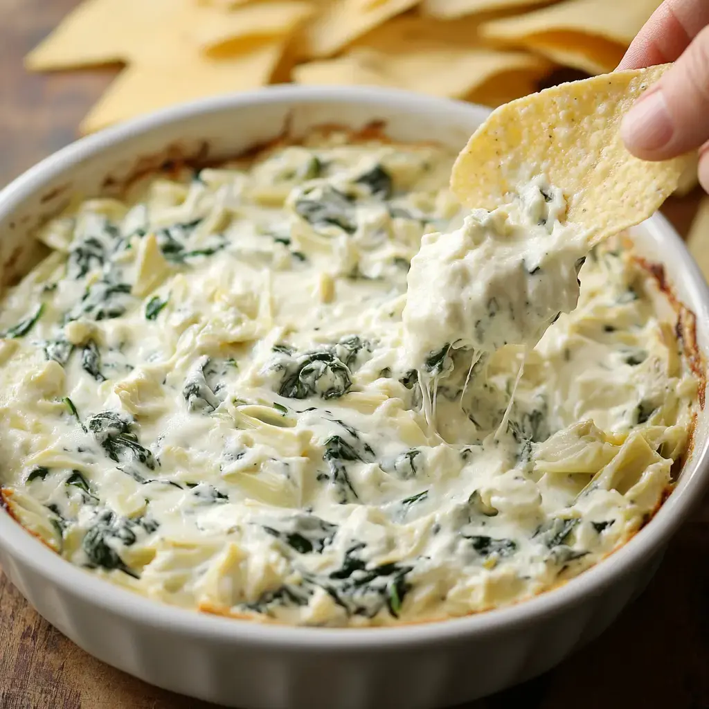 A tortilla chip scooping up cheesy spinach-artichoke dip from a white dish, with chips scattered around.