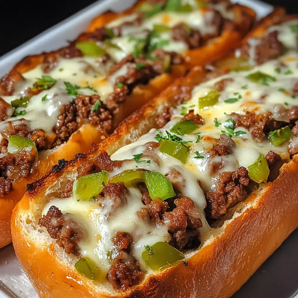 Crispy bread stuffed with seasoned steak, gooey cheese, peppers, and garnished with parsley.