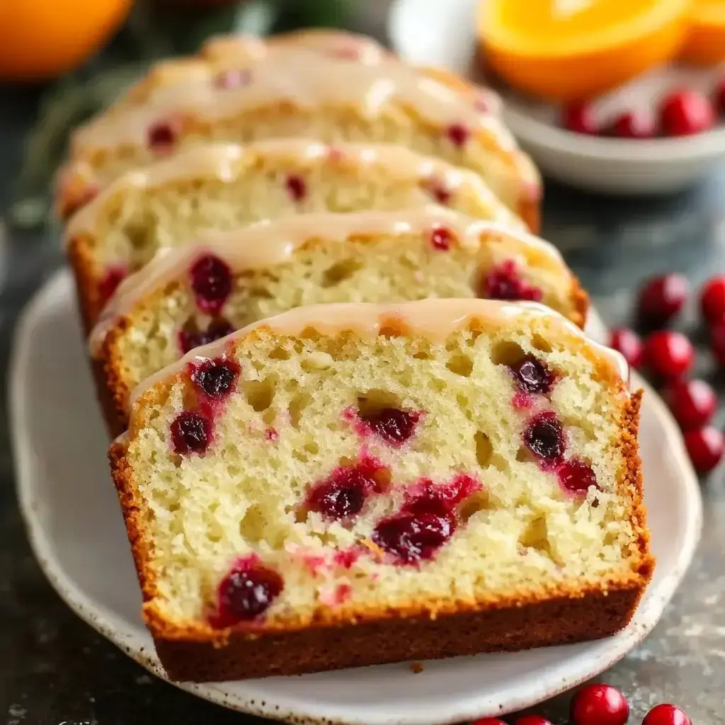 A moist cranberry loaf topped with orange glaze, surrounded by fresh cranberries and orange slices.